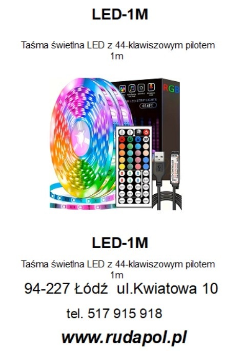 Taśma świetlna LED z 44-klawiszowym pilotem 1m