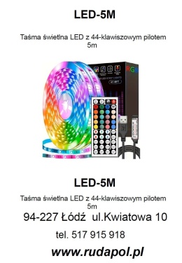 Taśma świetlna LED z 44-klawiszowym pilotem 5m